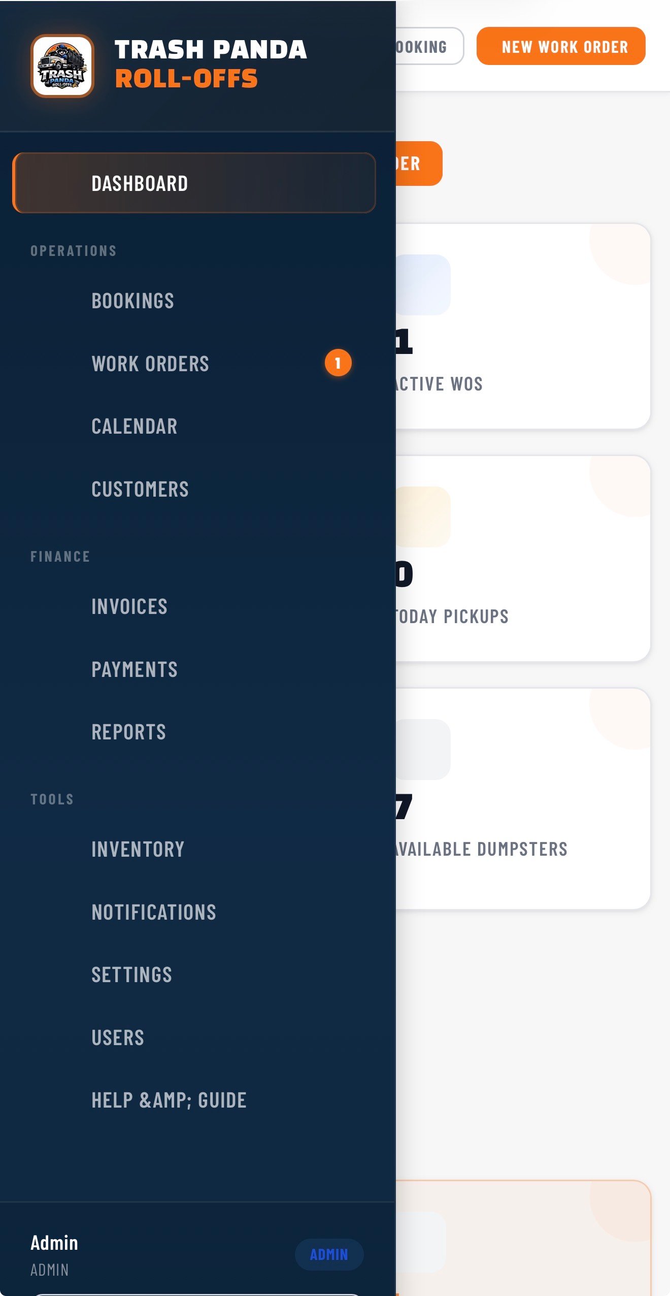 Trash Panda admin dashboard navigation